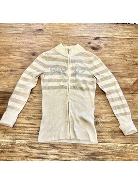 Guess Y2K Zip Up Sweater Rhinestone Logo Striped Cream Beige Womens S